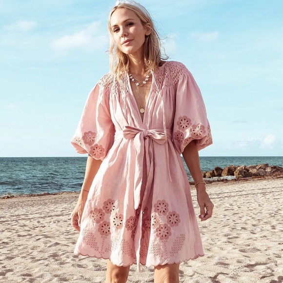 INNIKA CHOO Smocked Broderie-Angelise Linen Dress - Picture 1 of 15